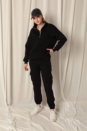 Three Thread Elastic Women&#39;s Black Tracksuit