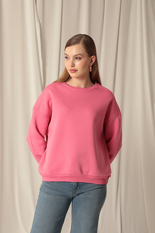 Üç İplik Sıfır Yaka Çimalı Kadın Pembe Sweat
