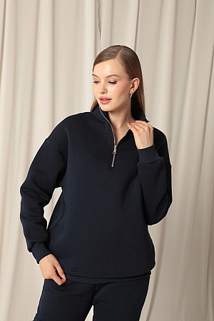 Three Thread Stand Collar Half Zipper Women&#39;s Navy Blue Sweater
