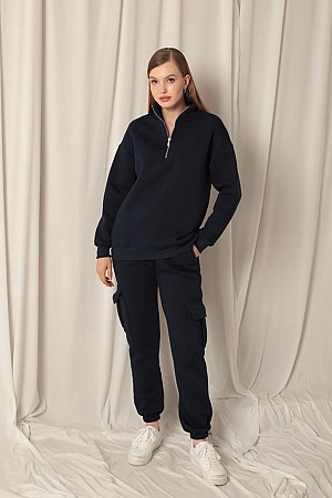 Three Thread Stand Collar Half Zipper Women&#39;s Navy Blue Sweater