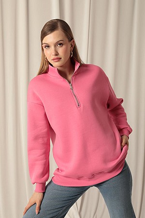 Three Thread Stand Collar Half Zipper Women&#39;s Pink Sweater