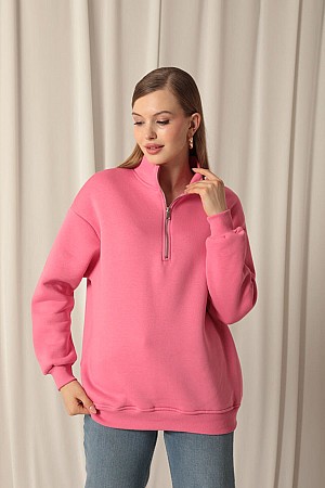 Three Thread Stand Collar Half Zipper Women&#39;s Pink Sweater