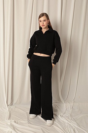 Three Thread Placket Collar Short Women&#39;s Sweat-Black