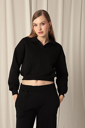 Three Thread Placket Collar Short Women&#39;s Sweat-Black