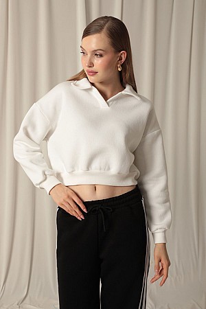 Three Thread Placket Collar Short Women&#39;s Ecru Sweater