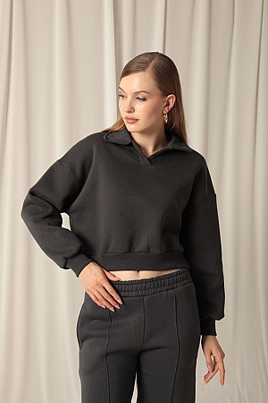 Three Thread Placket Collar Short Women&#39;s Anthracite Sweater