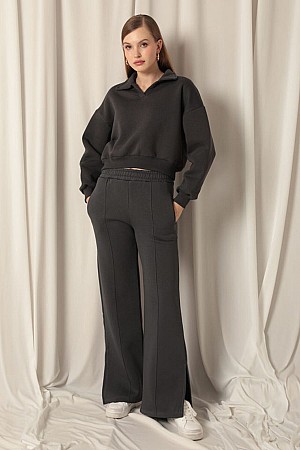 Three Thread Placket Collar Short Women&#39;s Anthracite Sweater