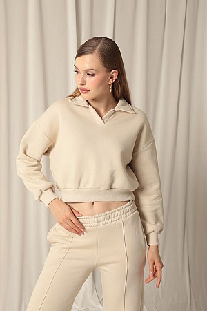 Three Thread Placket Collar Short Women&#39;s Beige Sweater