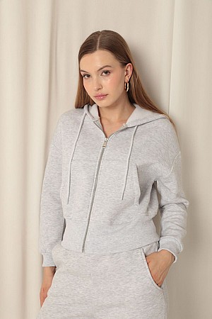 Triple-Thread Zippered Hooded Short Light Grey Sweat