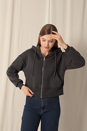 Triple-Thread Zippered Hooded Short Anthracite Sweat