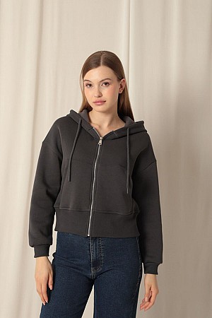 Triple-Thread Zippered Hooded Short Anthracite Sweat