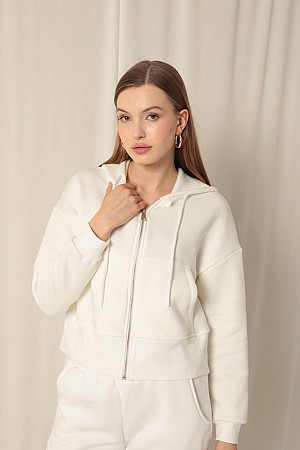 Triple-Thread Zippered Hooded Short Ecru Sweat