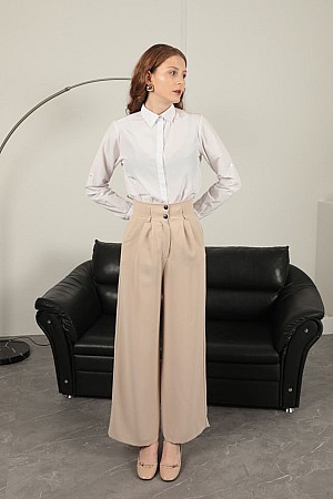 Polyviscon Fabric Women&#39;s Trousers-Beige