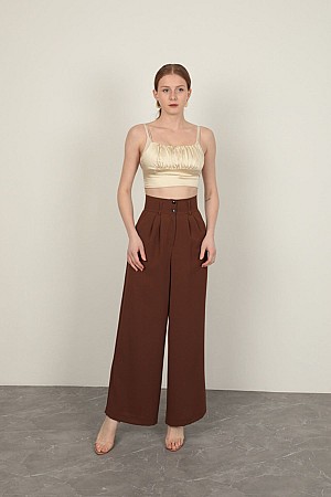 Polyviscon Fabric Women&#39;s Trousers-Coffee
