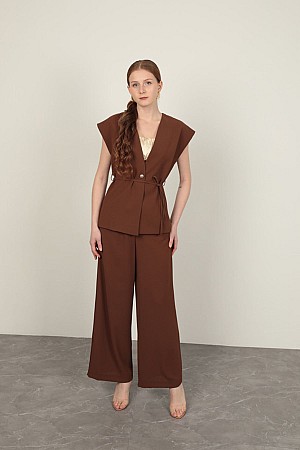 Polyviscon Fabric Women&#39;s Trousers-Coffee