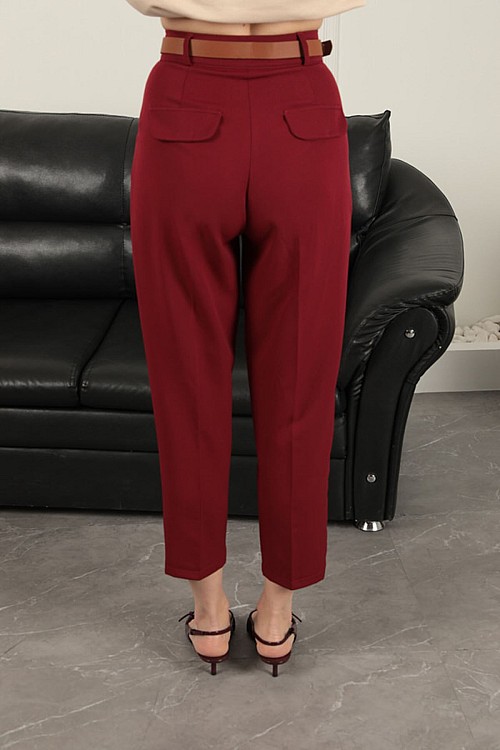 Atlas Kumaş Kemerli Havuç Pantolon-Bordo