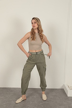 Gabardin Kumaş Kemerli Kargo Kadın Pantolon-Haki