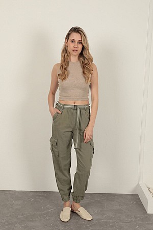 Gabardin Kumaş Kemerli Kargo Kadın Pantolon-Haki