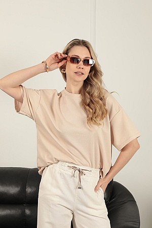 Sıfır Yaka Oversize İki İplik Tişört-Bej