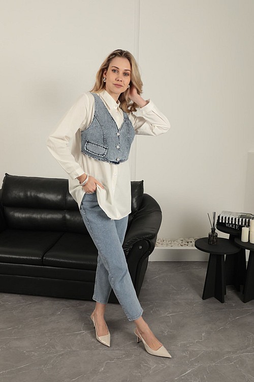 Poplin Kumaş Yelek Detaylı Ekru Kadın Gömlek