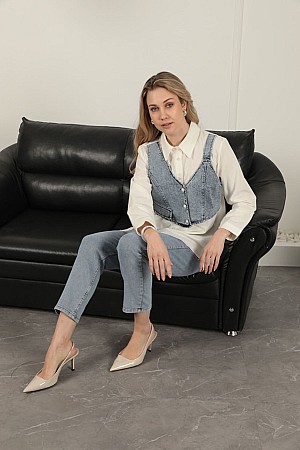Poplin Fabric Vest Detailed Ecru Women&#39;s Shirt