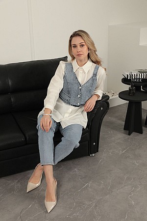 Poplin Fabric Vest Detailed Ecru Women&#39;s Shirt