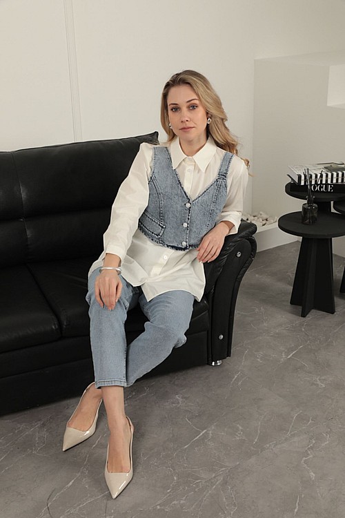 Poplin Kumaş Yelek Detaylı Ekru Kadın Gömlek