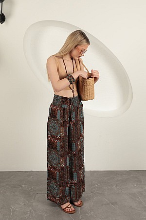 Viscose Fabric Ethnic Pattern Women&#39;s Trousers-Coffee