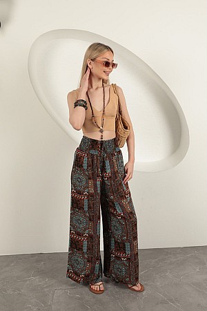 Viscose Fabric Ethnic Pattern Women&#39;s Trousers-Coffee