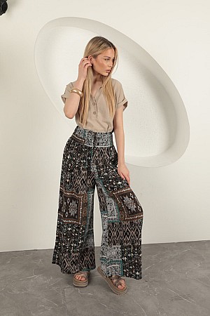 Viscose Fabric Ethnic Patterned Loose Trousers-Ecru