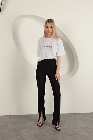Ottoman Fabric Front Slit Trousers-Black
