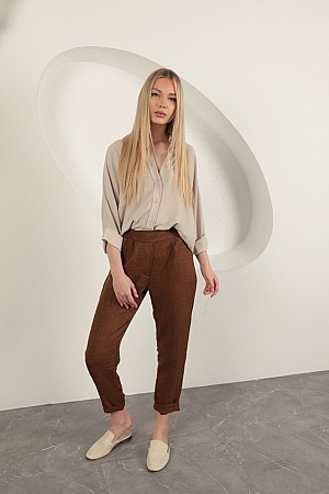 Sofia Linen Double Leg Women&#39;s Trousers-Brown