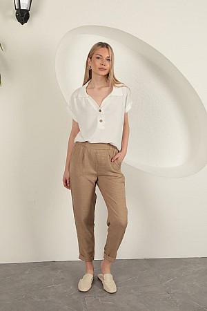 Sofia Linen Double Leg Women&#39;s Trousers-Tan