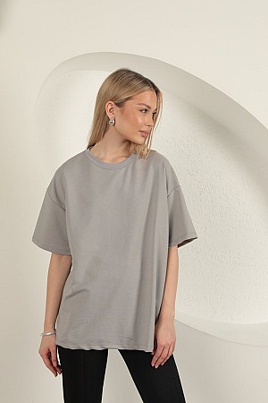 Sıfır Yaka Oversize İki İplik Tişört-Gri