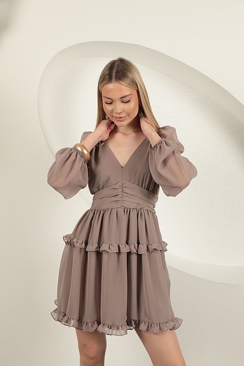 Şifon Kumaş Mini Elbise-Vizon