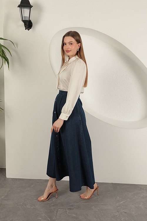 Denim Kumaş Yelekli Takım-Koyu Mavi