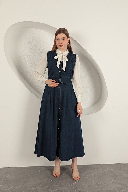 Denim Kumaş Yelekli Takım-Koyu Mavi