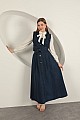 Denim Kumaş Yelekli Takım-Koyu Mavi