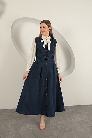 Denim Kumaş Yelekli Takım-Koyu Mavi