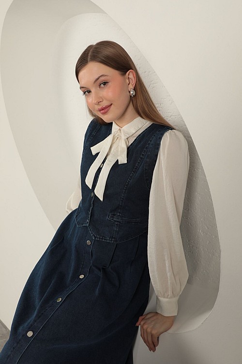 Denim Kumaş Yelekli Takım-Koyu Mavi