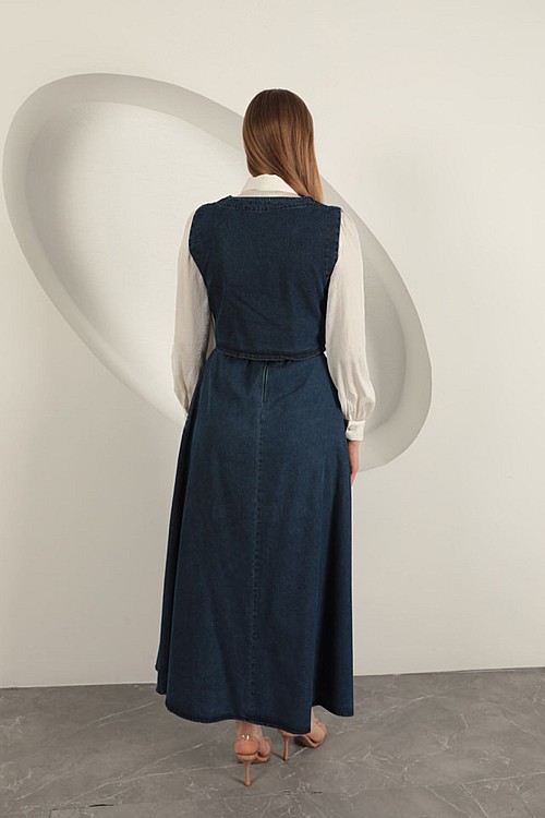 Denim Kumaş Yelekli Takım-Koyu Mavi