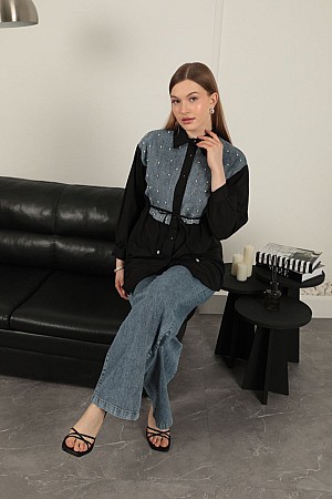 Poplin Fabric Front Pearl Detailed Black Women&#39;s Shirt