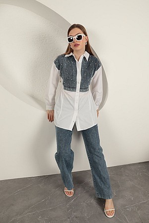 Poplin Fabric Pearl Detailed White Women&#39;s Shirt