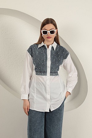 Poplin Fabric Pearl Detailed White Women&#39;s Shirt