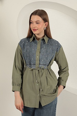 Poplin Fabric Front Pearl Detailed Khaki Women&#39;s Shirt