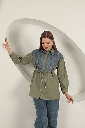 Poplin Fabric Front Pearl Detailed Khaki Women&#39;s Shirt