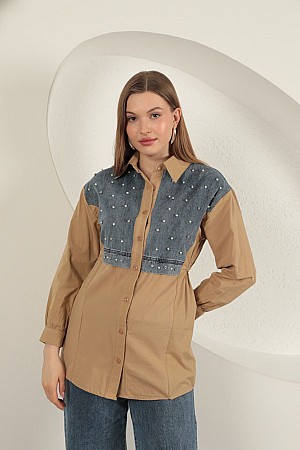 Poplin Fabric Pearl Detailed Tan Women&#39;s Shirt