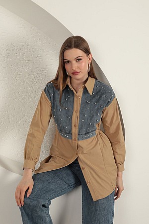 Poplin Fabric Pearl Detailed Tan Women&#39;s Shirt
