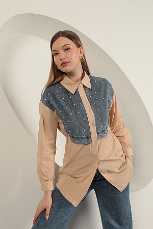 Poplin Fabric Front Pearl Detailed Beige Women&#39;s Shirt