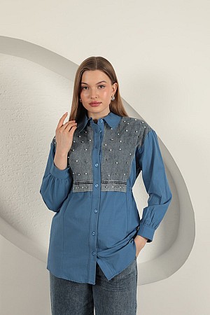 Poplin Fabric Pearl Detailed Indigo Women&#39;s Shirt